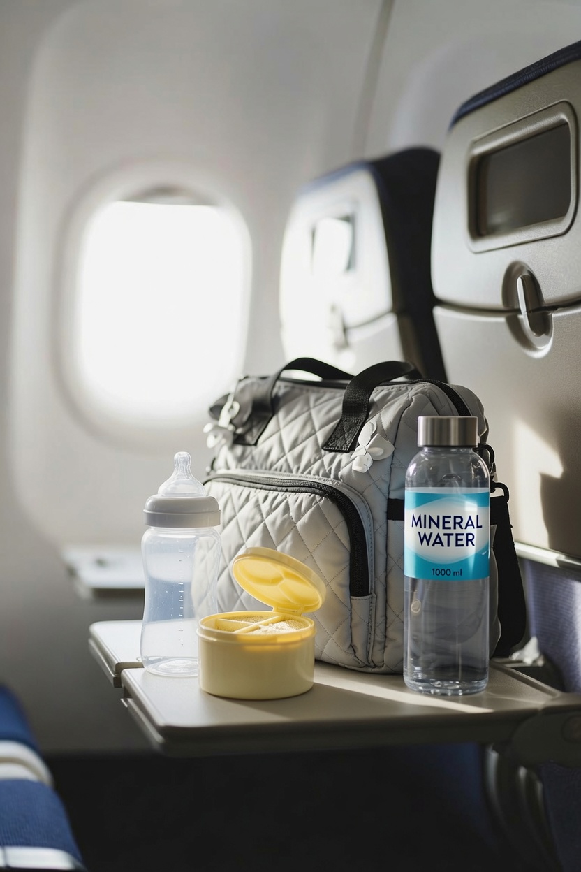 Une tablette d’avion encombrée : un grand biberon vide, une boîte doseuse ouverte, un sac à langer et une bouteille d’eau