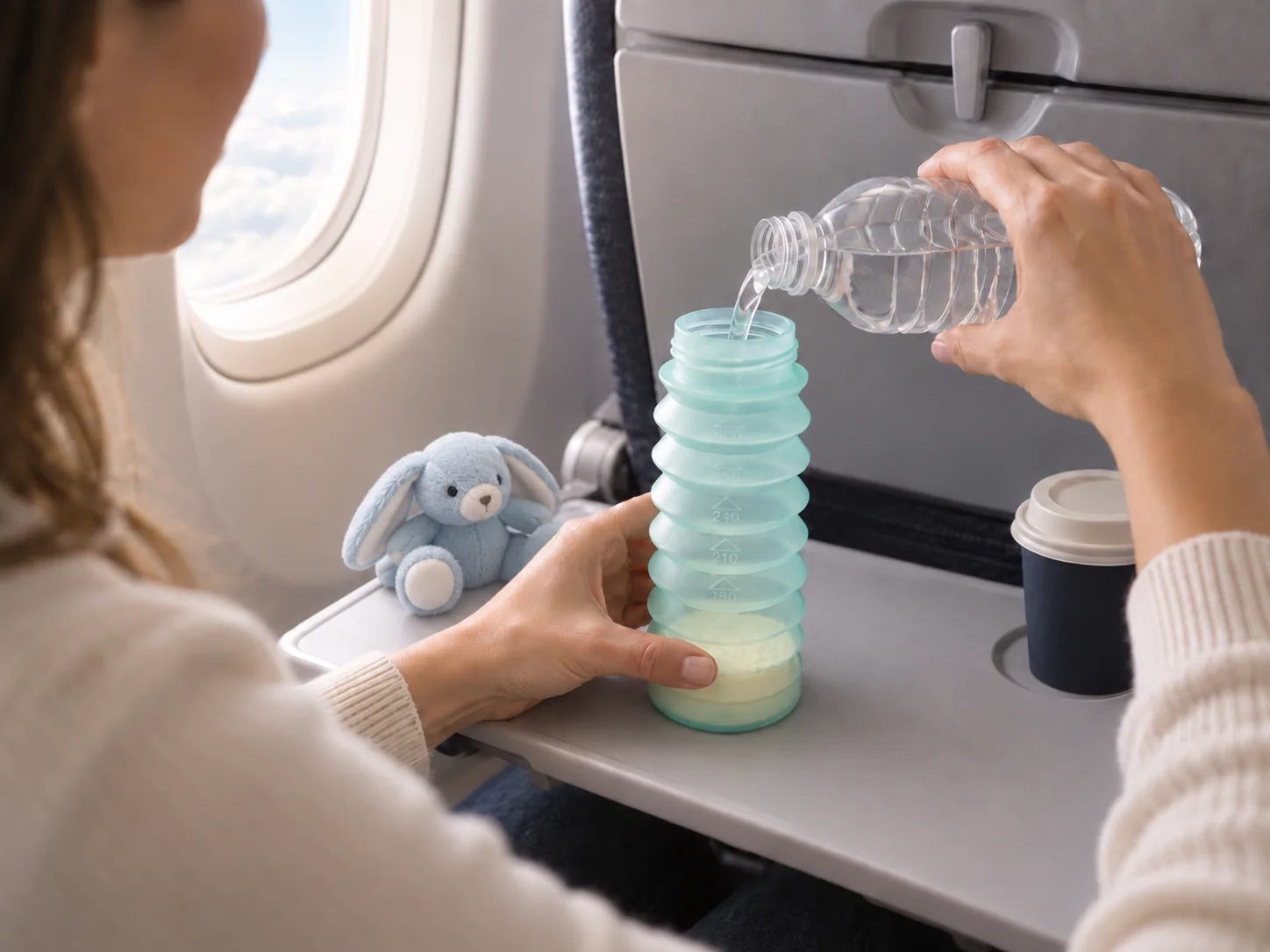 Sur la tablette d’un avion, l’eau est versée dans le BIBEON déployé, la poudre au fond.