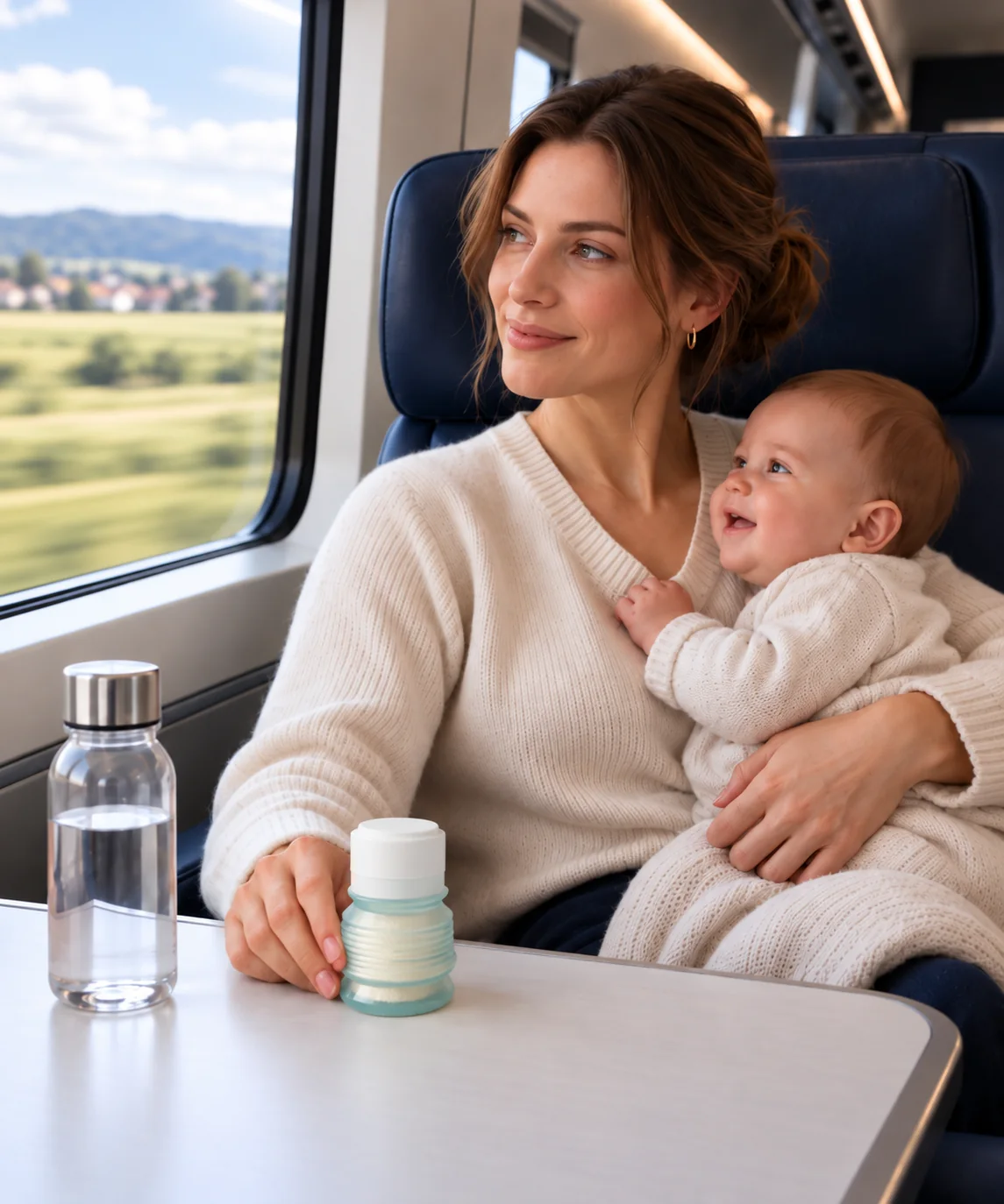 Dans le train, sur la tablette : le BIBEON replié, fermé, sa dose de lait en poudre visible à travers le flacon, à côté d’une bouteille d’eau.