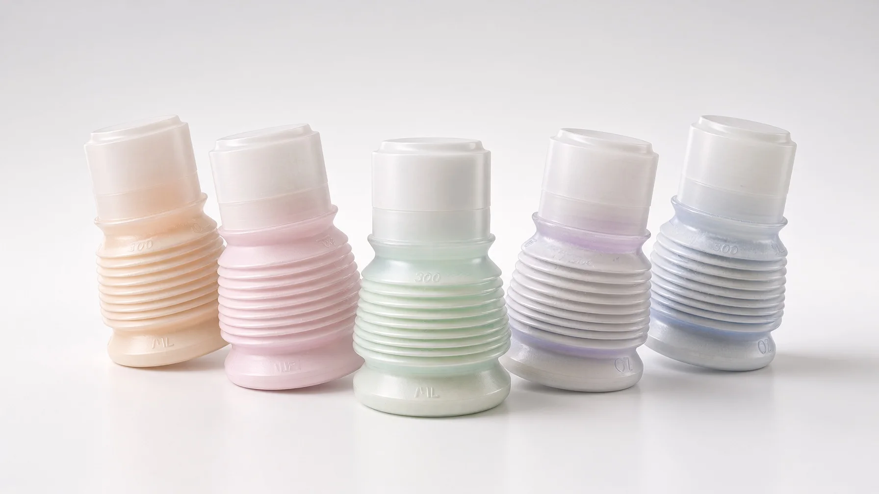 Cinq BIBEON repliés et fermés, chacun pré-dosé de lait en poudre : abricot, rose, menthe, lilas, lin.