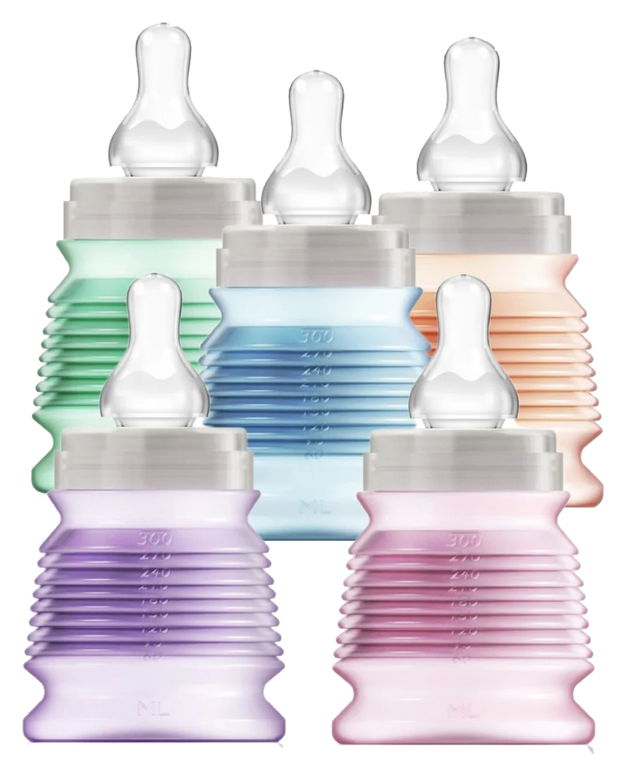 Les cinq coloris BIBEON : vert, orange, violet, rose et bleu