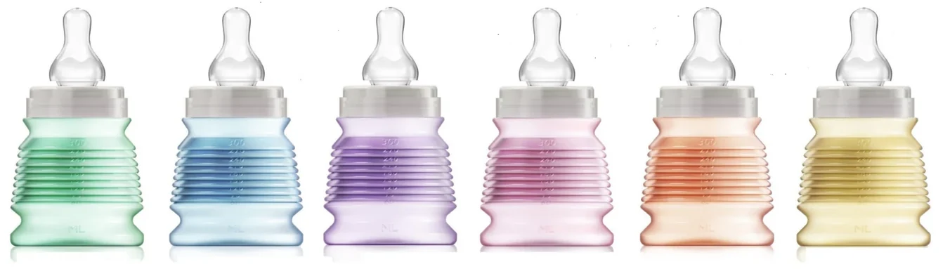 Les six coloris du biberon BIBEON : vert, bleu, violet, rose, orange, jaune