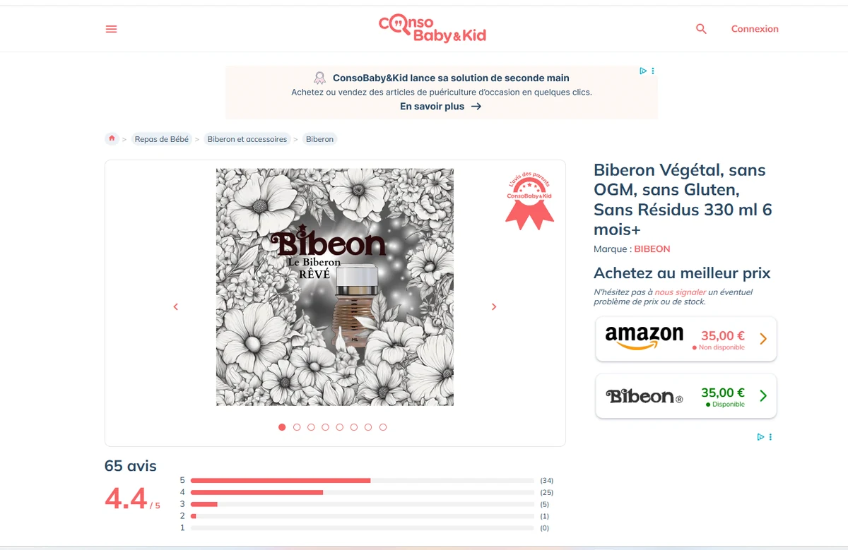 Fiche Consobaby de BIBEON affichant 65 avis et une note moyenne de 4,4 sur 5