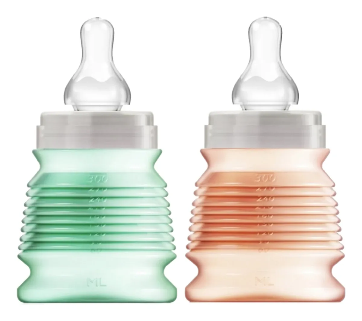 Deux biberons nomades BIBEON repliés, coloris vert et orange