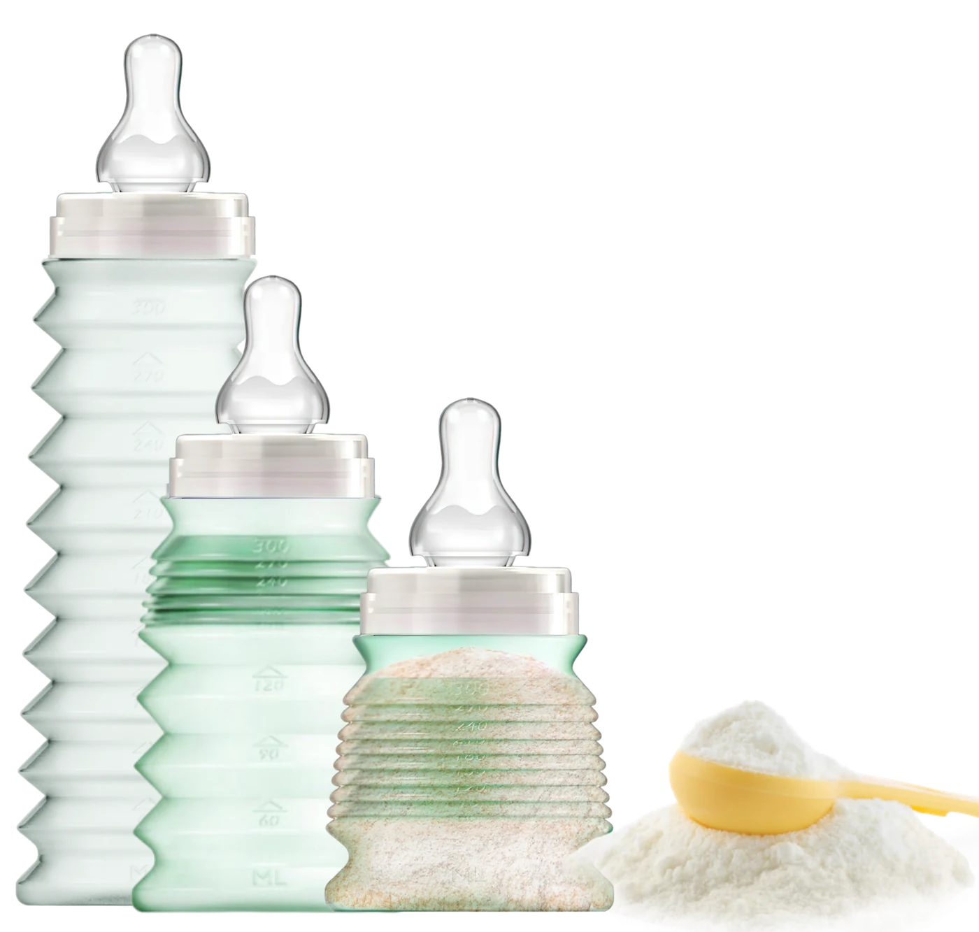 Le biberon BIBEON déplié et replié, avec sa dose de lait en poudre