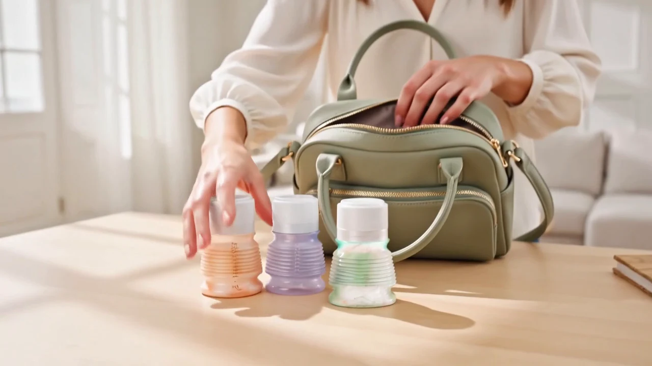 Trois BIBEON repliés, pré-dosés, prêts à entrer dans un sac à main vert sauge.
