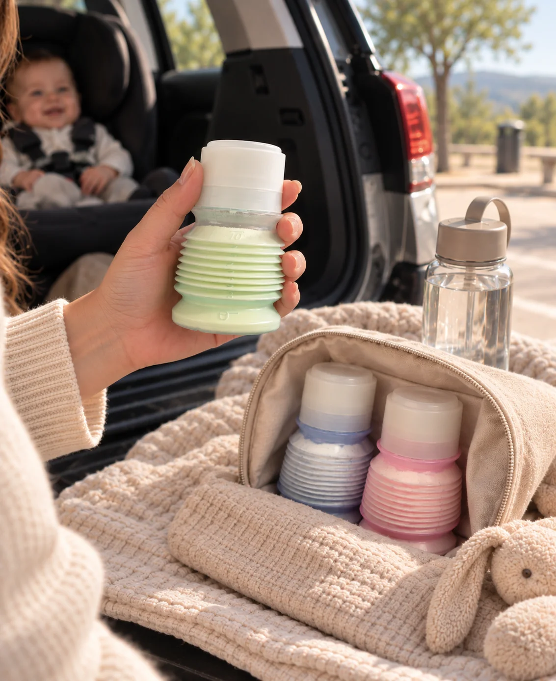 Coffre ouvert, bébé dans son siège : un BIBEON pré-dosé en main, deux autres dans la trousse, une bouteille d’eau.